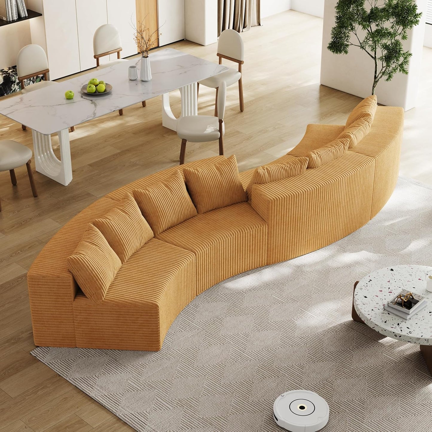 KEIKI Corduroy Curved Sectional Sofa, 4 Seater Symmetrical Modular Semi Circular Couch, Deep Seat Tufted Corner Sofa for Living Room, Lobby, Yellow
