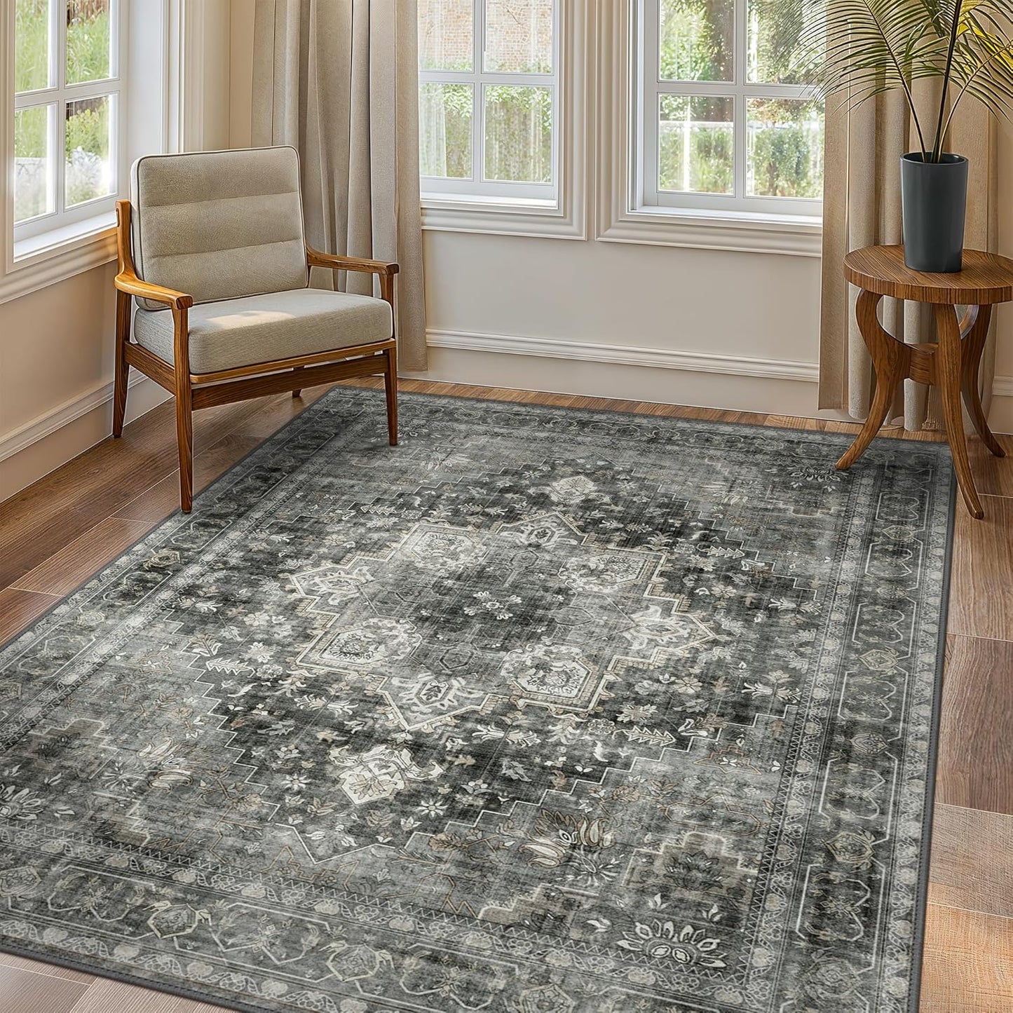 GENIMO 5x7 Area Rugs for Living Room, Machine Washable Non Slip Vintage Rugs, Low Pile Lightweight Chenille Print Rug for Bedroom, Dining Room, Home Office,Charcoal Gray