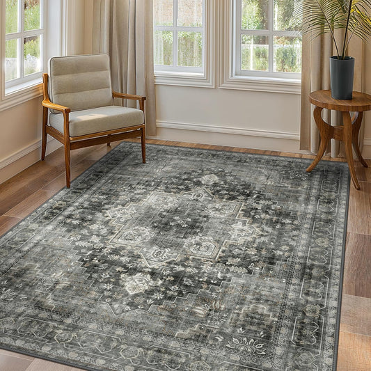 GENIMO 5x7 Area Rugs for Living Room, Machine Washable Non Slip Vintage Rugs, Low Pile Lightweight Chenille Print Rug for Bedroom, Dining Room, Home Office,Charcoal Gray