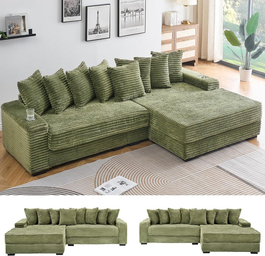 KEIKI 114" Corduroy Sofa with Cup Holders & Storage, L Shaped Sleeper Cloud Couch Set w/Reversible Chaise Lounge, Living Room Oversized Upholstered SofaBed for Apartment, Easy Assembly, Green
