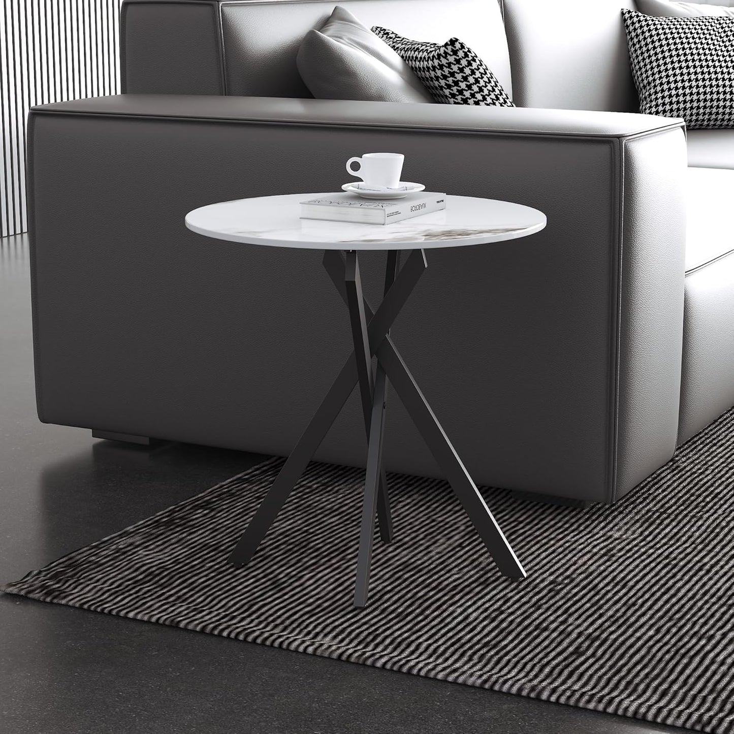 Small Round Marble Side Coffee Table Set of 2 with Metal Legs, Sintered Stone White Modern End Table for Living Room Sofa Home Bed Office (2 Pieces, 20"×20"×18")