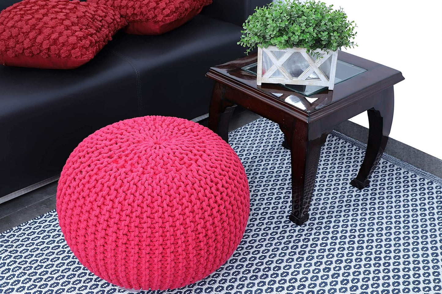 FRELISH DECOR Round Pouf Ottoman Hand Knitted 100% Cotton Pouf Foot Stool - Knitted Bean Bag - Floor Chair for Living Room - Bedroom Foot Rest for Couch (20 Diameter x 14 Height) - Dark Pink