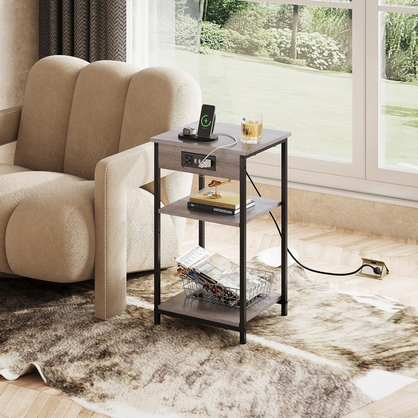 WLIVE End Table with Charging Station, Small Night Stand with 3 Storage Shelves, Side Tables for Small Spaces, Bedside Tables for Living Room, Bedroom, Grey