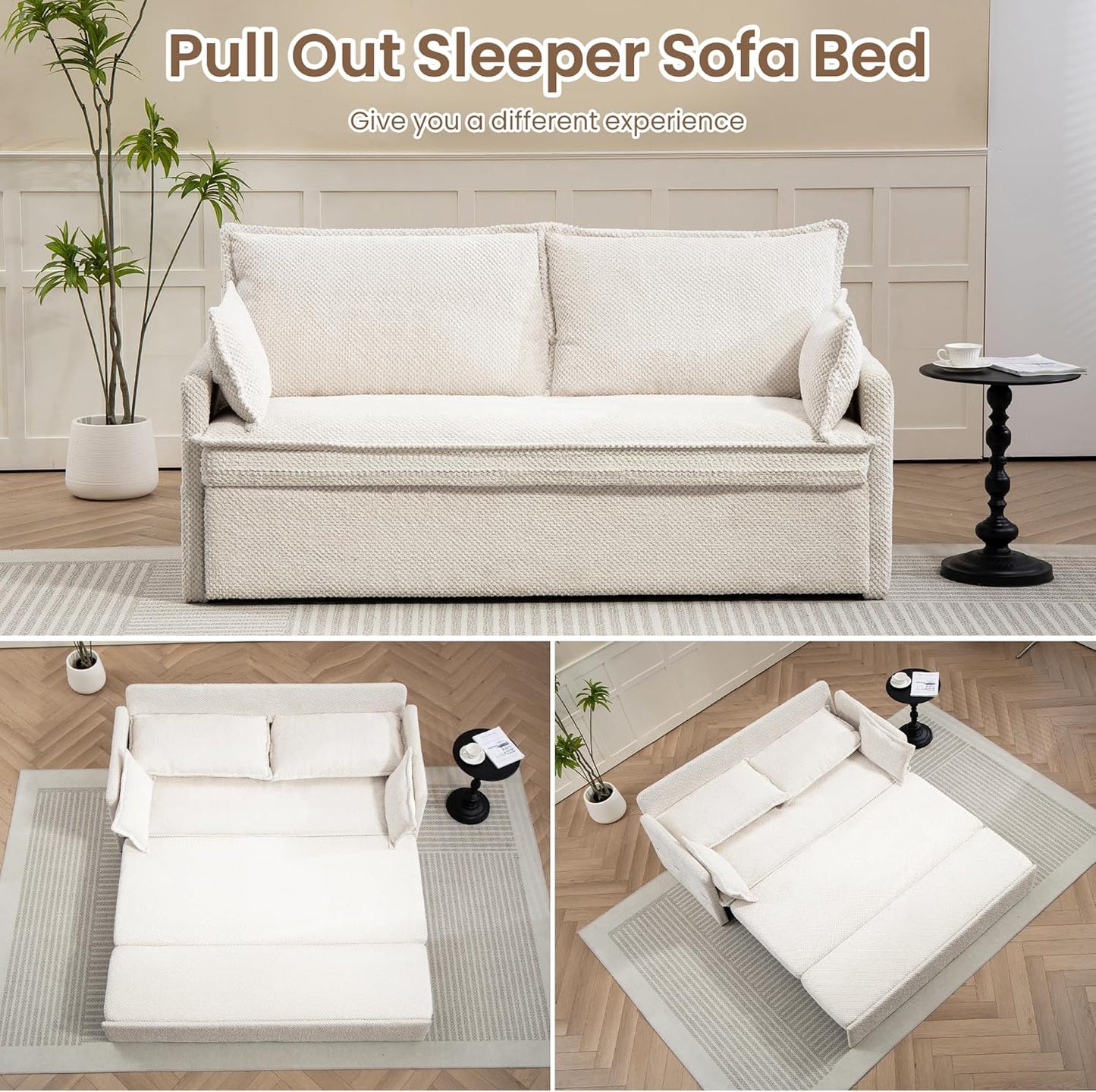 Furnimart 59.5" Queen Size Pull Out Sofa Bed, 3 in 1 Convertible Sleeper Bed with USB/C-Type Charging Ports & Side Pockets, Modern Futon Couch for Living Room, Apartment, RV, Corduroy White