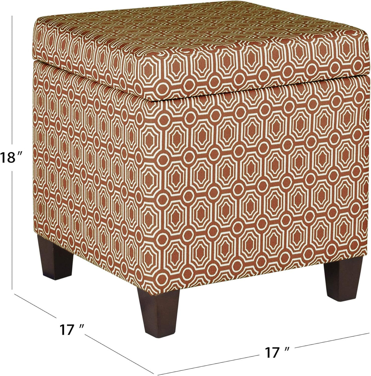 HomePop Upholstered Storage Cube Ottoman with Hinged Lid, Orange Geometric 17" x 17" x 18"