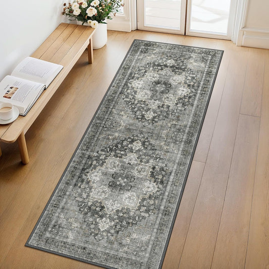 GENIMO 2x5 Runner Rugs for Hallway, Machine Washable Non Slip Vintage Rugs, Low Pile Lightweight Soft Print Rug for enrtyway, Corridor, Home Office, Kitchen, Charcoal Gray