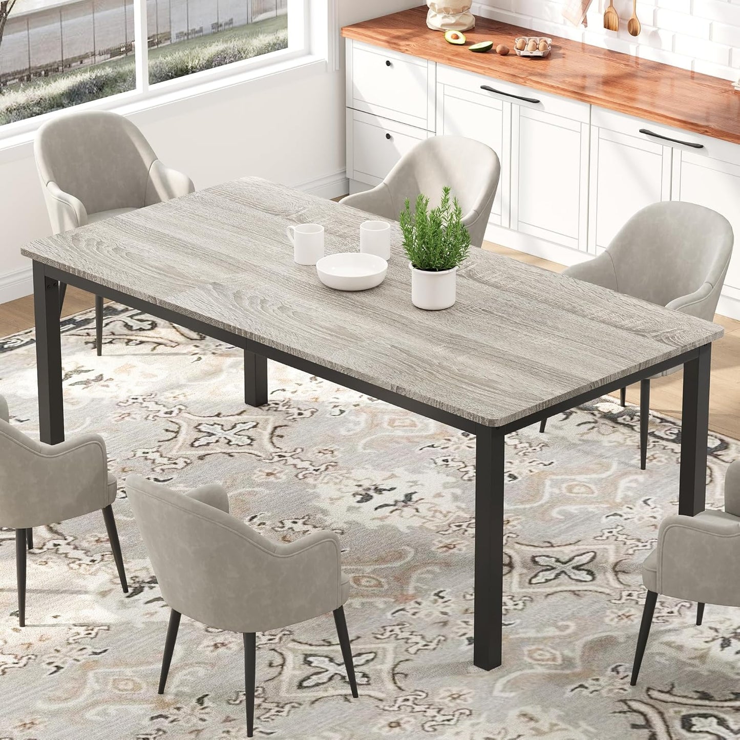 GarveeHome 78.7in Industrial Dining Table for 6, Wooden Long Dinner Table with Mortise Tenon Design, Kitchen Table with Sturdy Metal Legs, for Dining Room Home Office Living Room, Grey