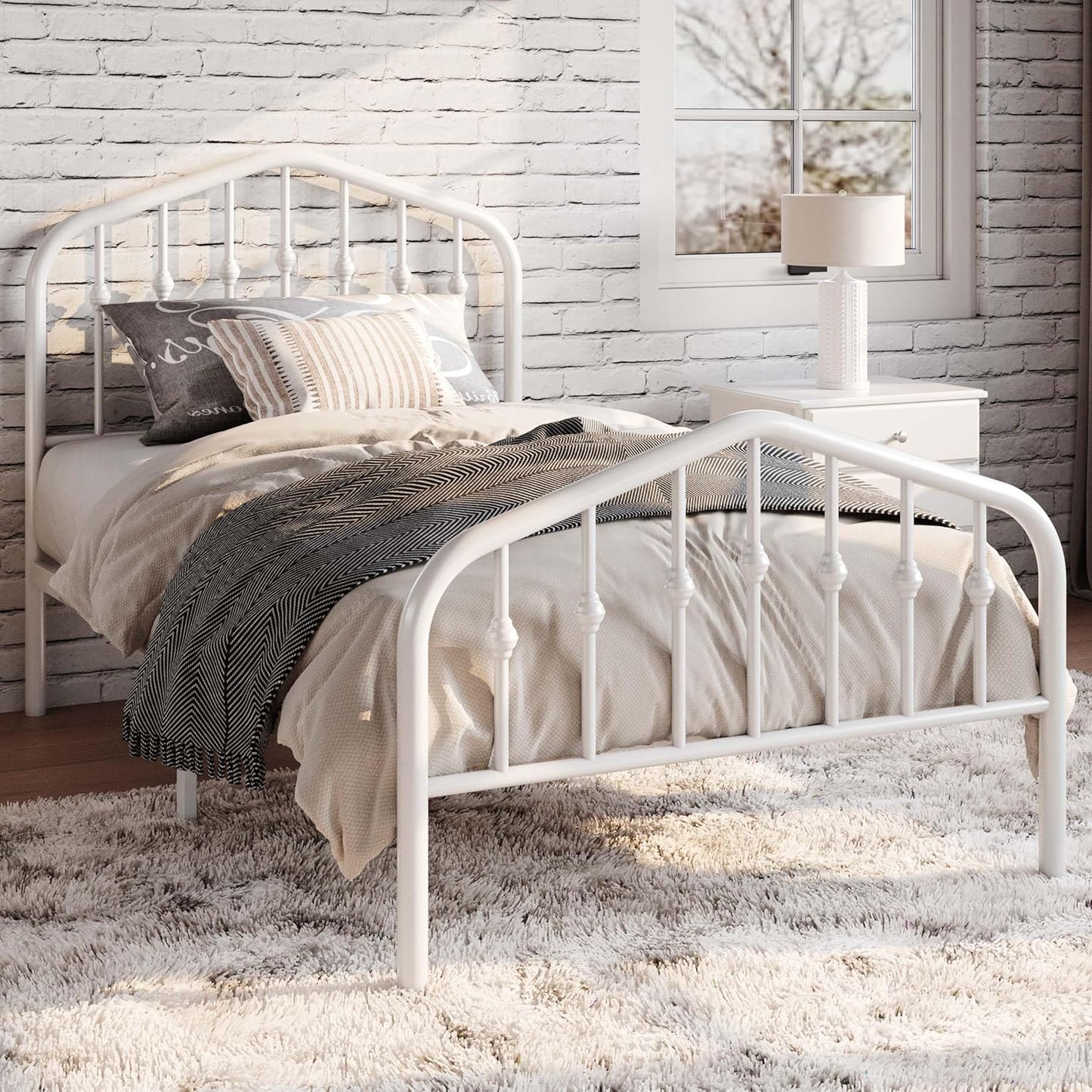 SHA CERLIN Twin Size Metal Platform Bed Frame with Victorian Style Wrought Iron-Art Headboard/Footboard, No Box Spring Required, White