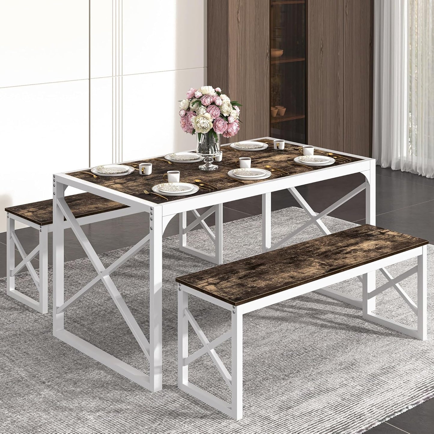 VECELO Kitchen Dining Table Set for 4 to 6, 55" Wood Dinette 2 Benches with Metal Frame for Dinner Breakfast Nook and Small Space, Dark Brown