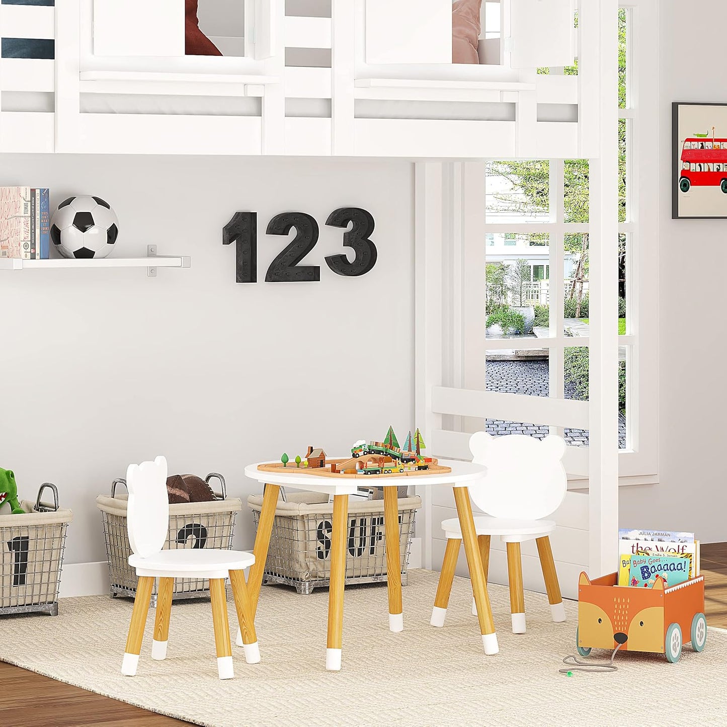 UTEX Kids Wood Table and Chair Set, Kids Play Table with 2 Chairs,3 Pieces Kids Round Table for Toddlers, Girls, Boys,White