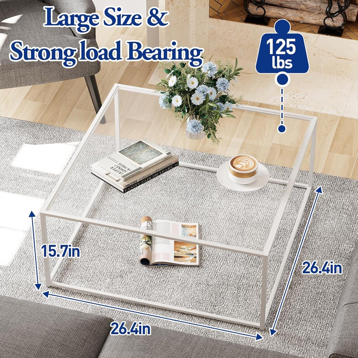 Glass Coffee Table Square Coffee Table for Small Space,Modern Minimalist Center Table for Living Room Home Office,Tempered Glass-top with Sturdy Metal Frame,Easy Assembly,27 x 27In, White