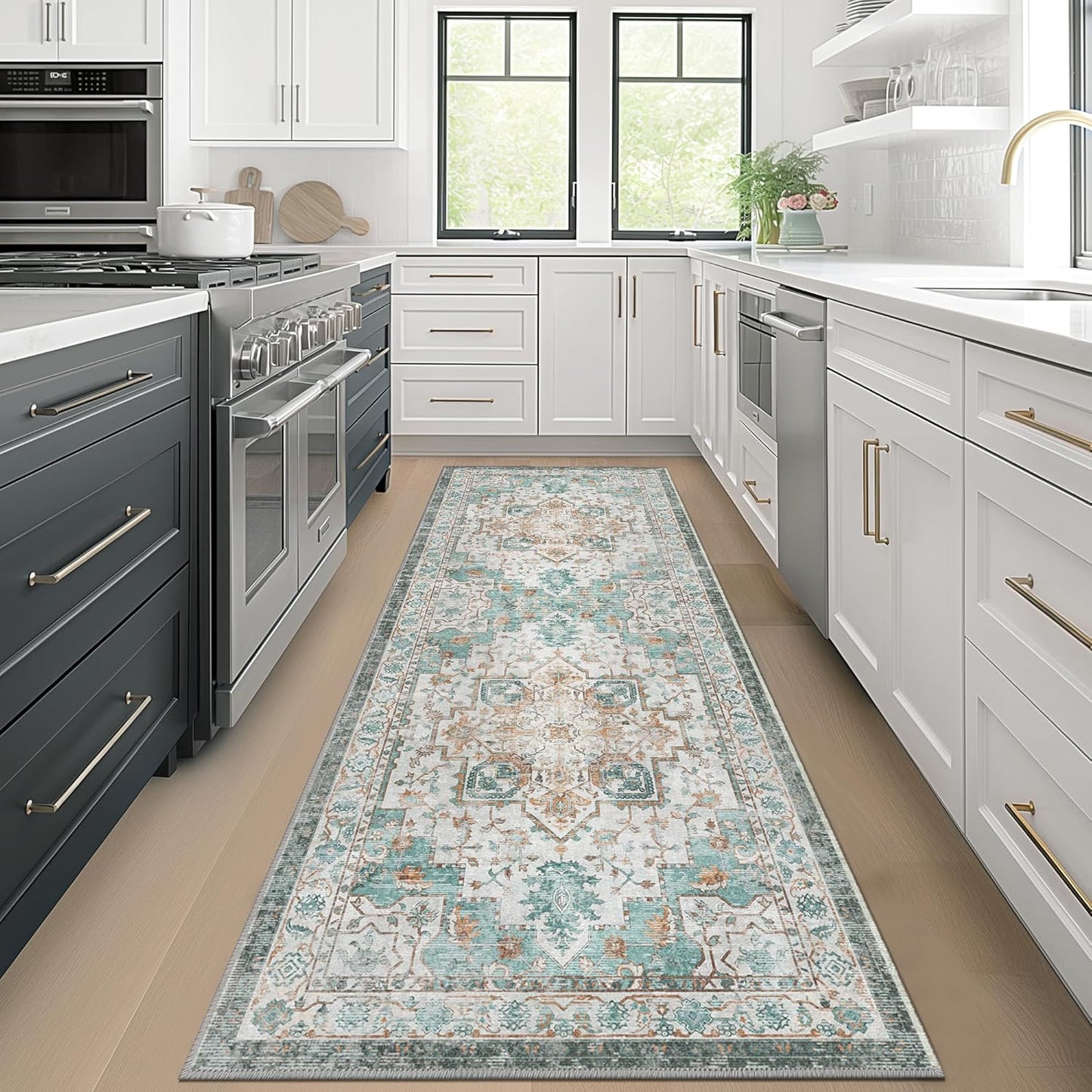 GENIMO 2x10 Runner Rugs for Hallway, Machine Washable Non Slip Vintage Rugs, Low Pile Lightweight Soft Print Rug for enrtyway, Corridor, Home Office, Kitchen, Cyan