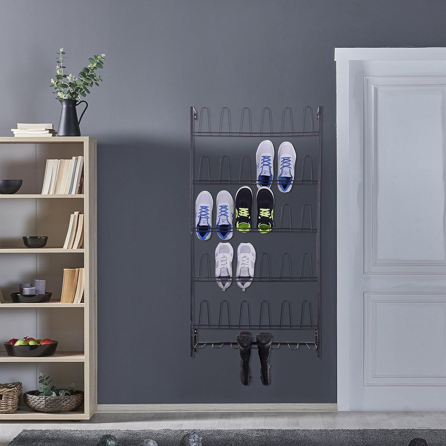 MyGift Modern Matte Black Metal Hanging Shoe Rack for Walk in Closet, Mudroom and Entryway, Wall Mounted Space Saving Organizer for Shoes and Boots, Holds 18 Pairs