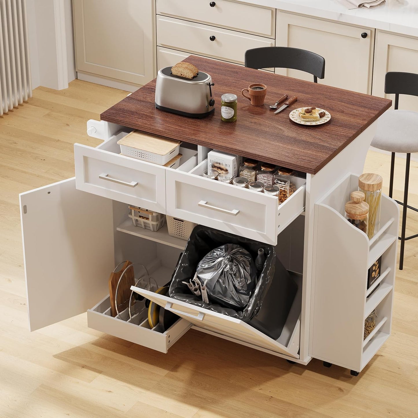 Ball & Cast Farmhouse Kitchen Island with Drop Leaf,Rolling Kitchen Cart on 5 Wheels W/Removable Side Racks and 2 Drawers,Kitchen Storage Cart W/Towel Rack,for Kitchen,Dining Room,White,47.2"
