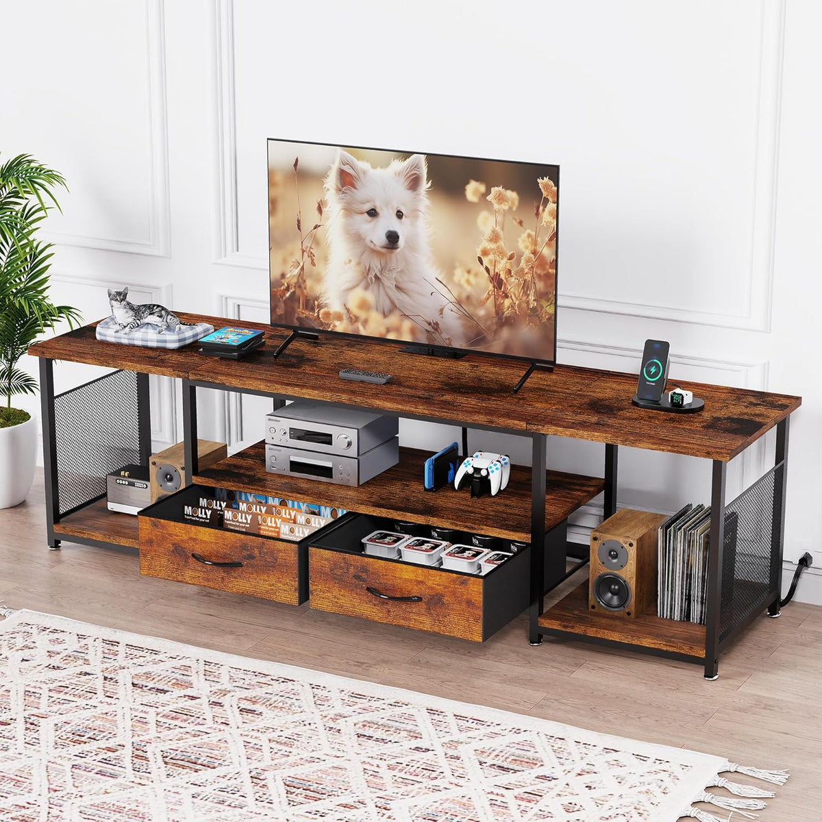 TV Stand with Drawers and Power Outlets for 75 70 65 Inch TV, Entertainment Center with Open Storage Shelves, Industrial Media TV Console Table for Living Room Bedroom Office, Rustic Brown