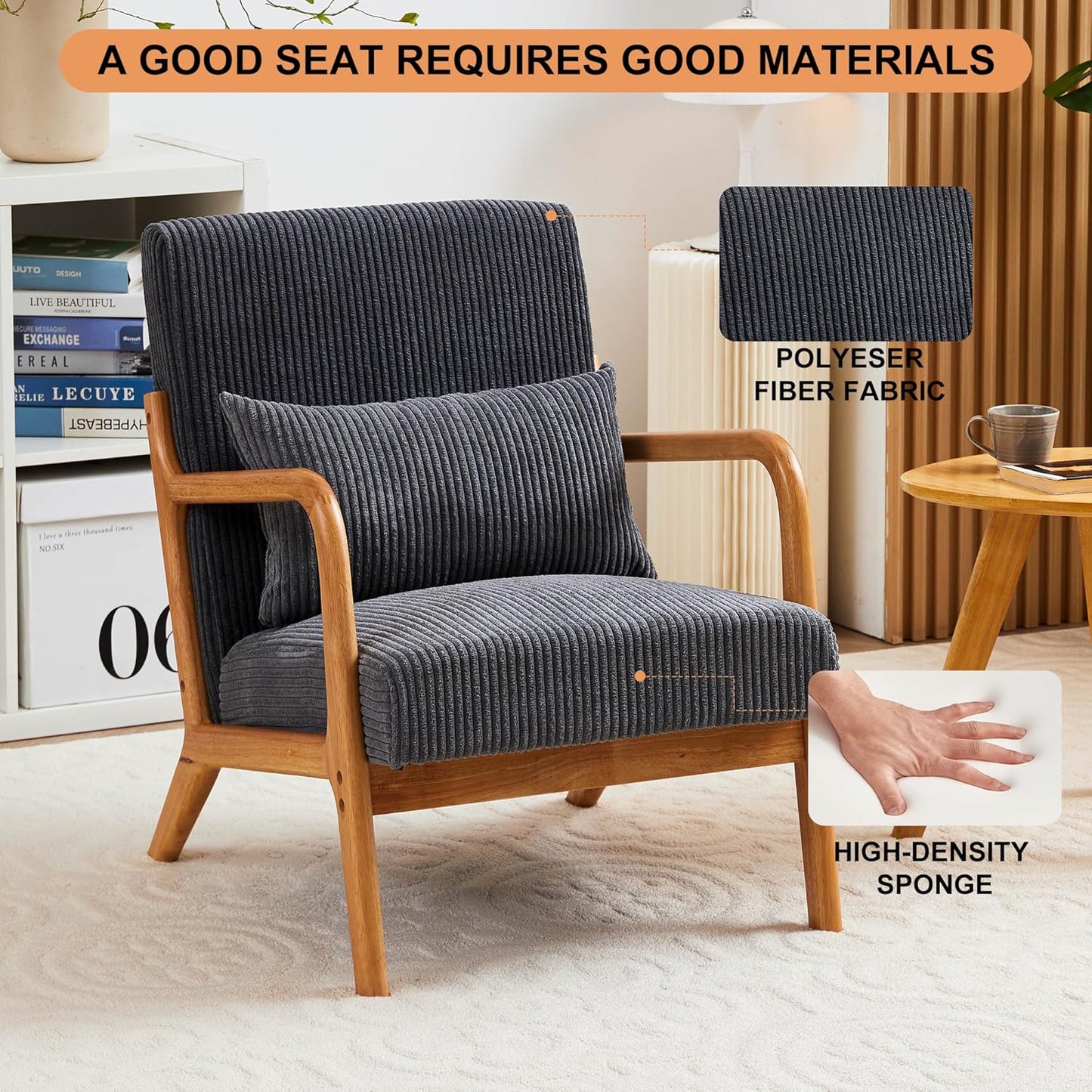 Ball & Cast Living Room Chair with Pillow,Mid-Century Modern Armchair w/Solid Wood Frame & Extra-Thick Backrest,Upholstered Reading Accent Chair for Bedroom,Dark Grey