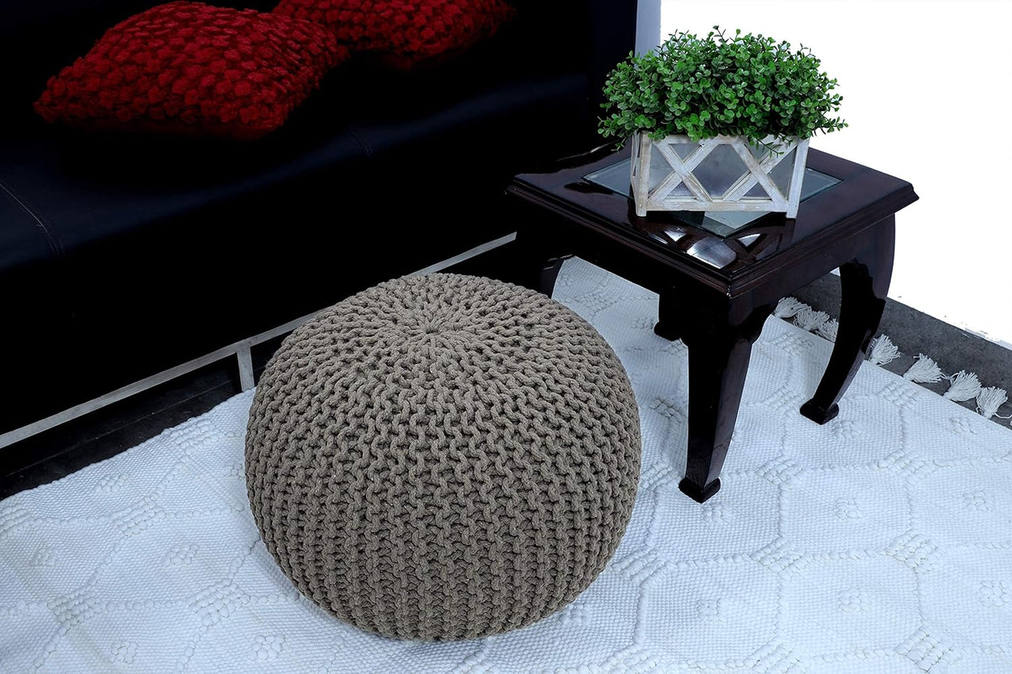 FRELISH DECOR Round Pouf Ottoman Hand Knitted 100% Cotton Pouf - Foot Stool - Knitted Bean Bag - Floor Chair for Living Room Bedroom - Foot Rest for Couch (20 Diameter x 14 Height) - Beige