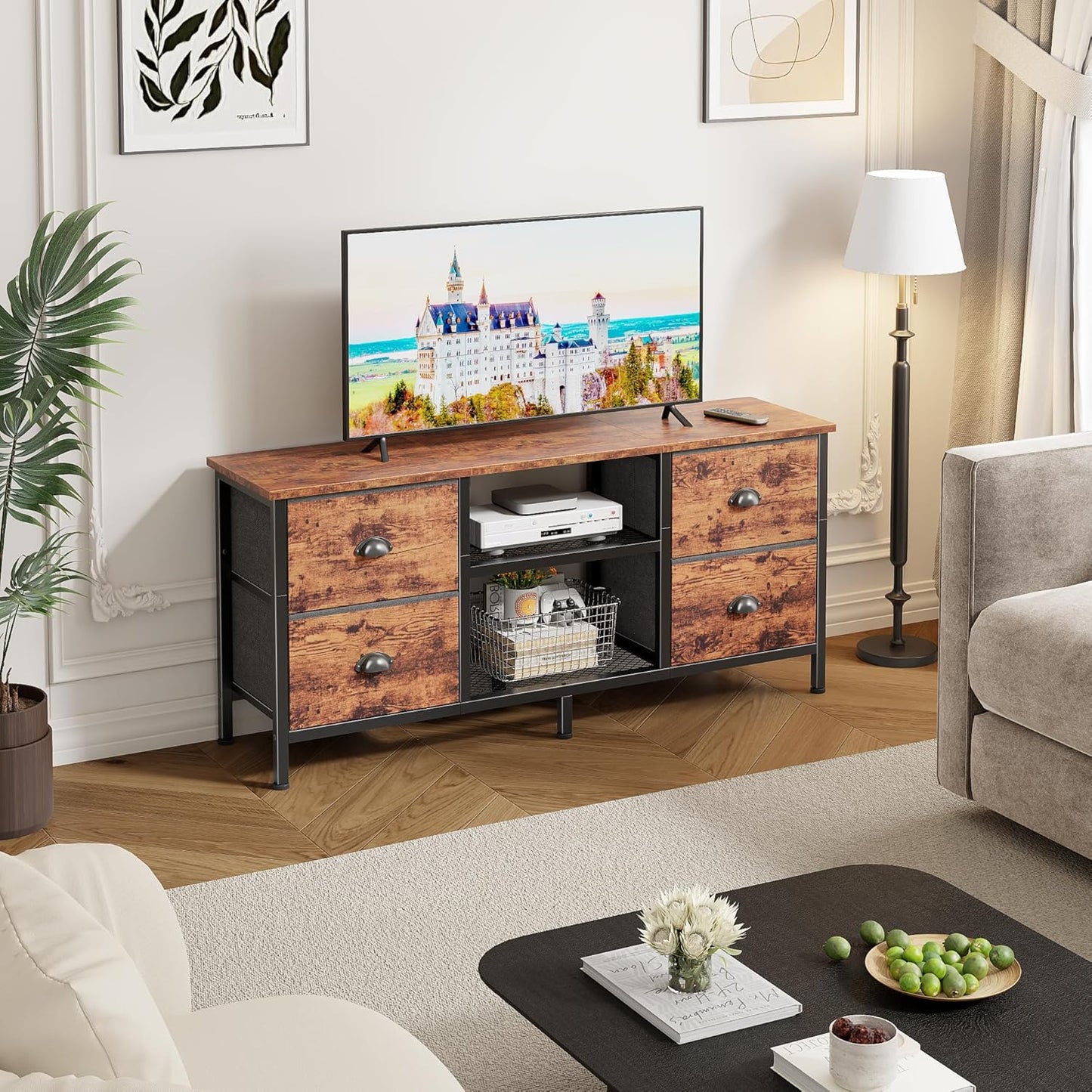 Furologee TV Stand with 4 Drawers, 43 Inch Entertainment Center with Open Shelves, Media Console Table for 50" TV, Television Stand for Bedroom, Living Room/Rustic Brown