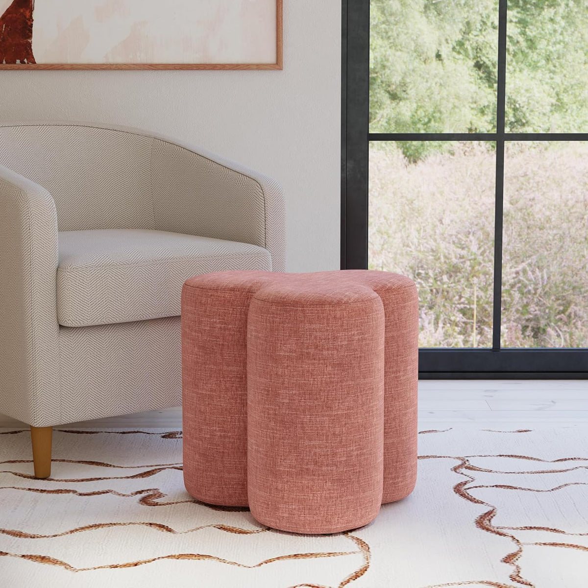 HomePop Upholstered Clover Shaped Ottoman (No Lid, Seat Only) Home Décor | Foot Rest Pouf – Pink Chenille