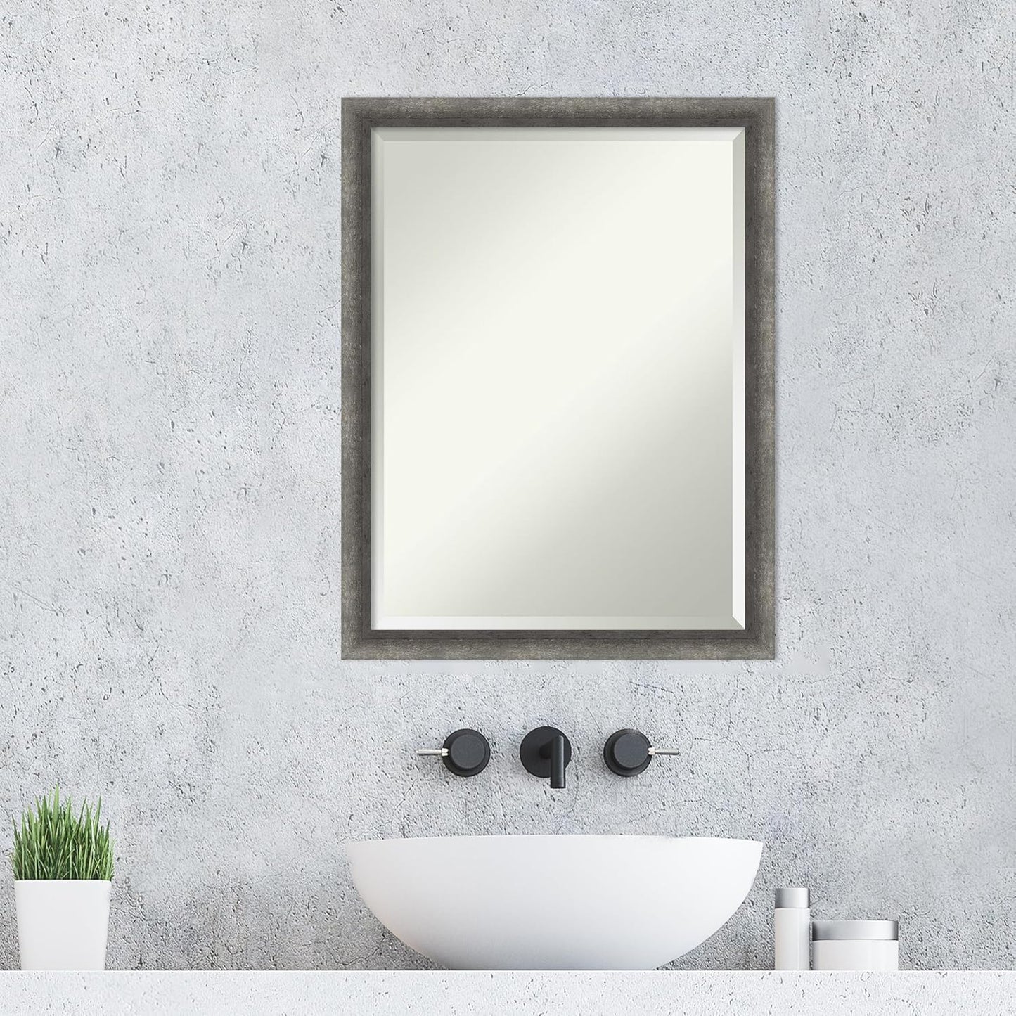 Amanti Art Grey Wall Mirror 26x20 Burnished Concrete Narrow Rectangle Bathroom Mirror for Wall Decor Living Room, Medium Modern Contemporary Wood Frame, Hangs Horizonally and Vertically, Bathroom