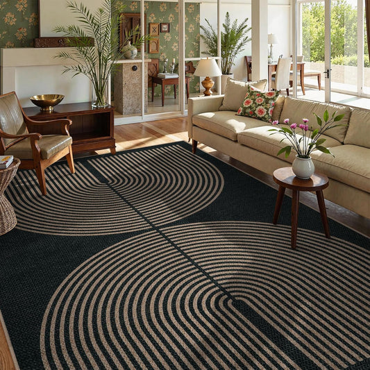 Lahome Modern Rainbow Easy Jute Outdoor Carpet, Washable Rugs 9x12 for Living Room Patio Large Farmhouse Indoor Outdoor Carpet, Contemporary Black Dining Room Rugs for Under Table Office Backyard