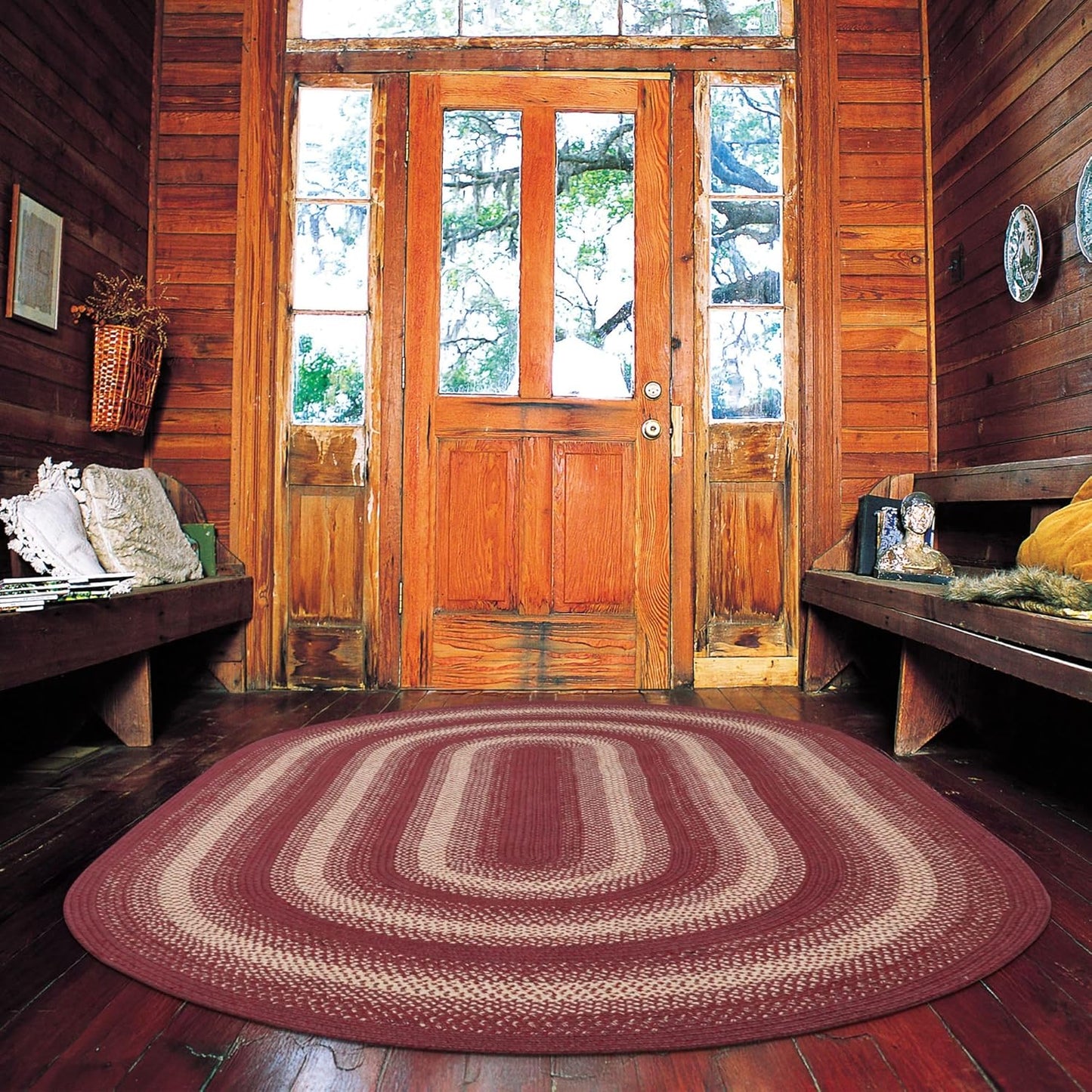 Homespice Autumn Maple Burgundy and Tan Oval Braided Rugs, Jute, 8x10' - Rustic Primitive Decor for Bedroom, Living Room, Everywhere