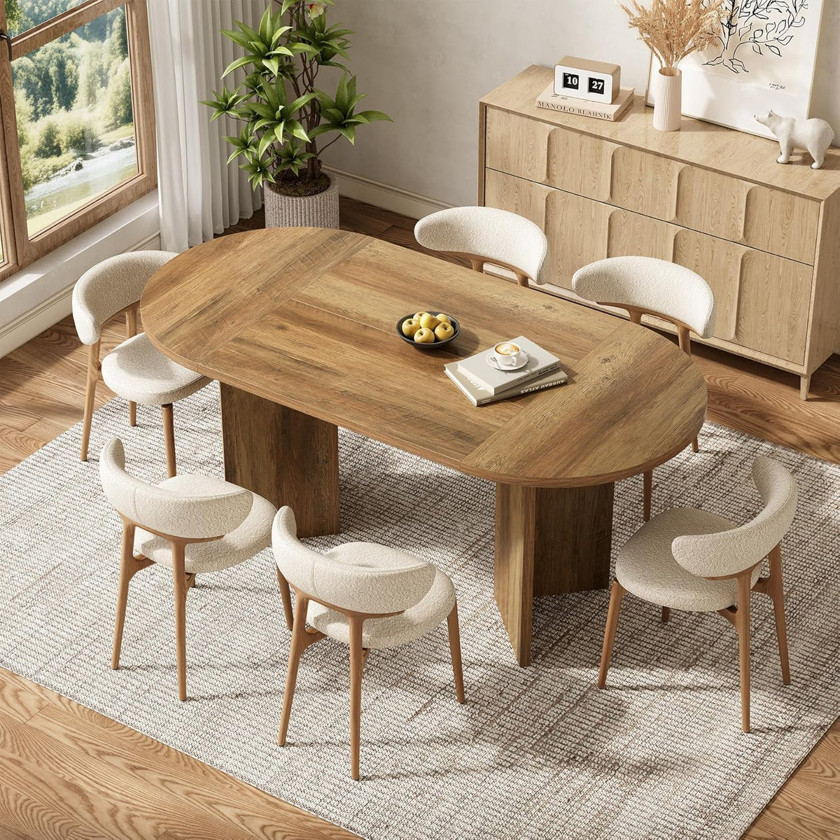 LITTLE TREE 63" Rustic Oval Dining Table for 4-6, Sturdy MDF Farmhouse Kitchen Table with Metal Strip Base, for Living Room, Office, Restaurant, Multi-Use, Umber