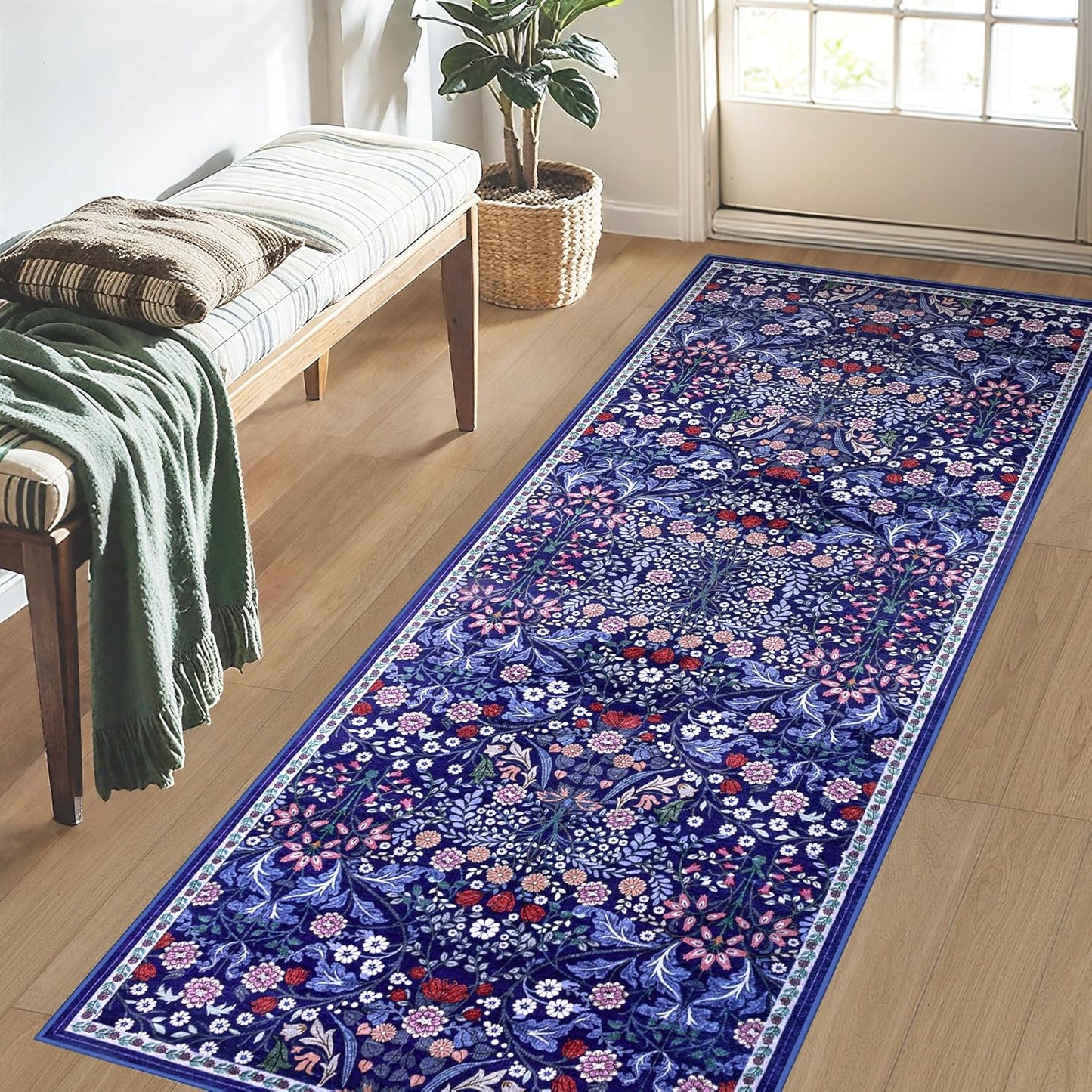 Runner Rug for Entryway: 2.6x8 Kitchen Rugs Non Slip Washable Ultra-Thin Soft Floral Carpet Indoor Floor Stain Resistant Carpets for Hallway Bedroom Kitchen Laundry Bathroom Dorm Blue