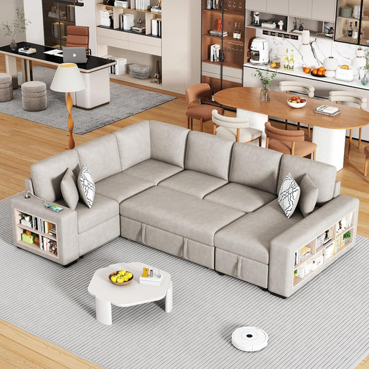 109" U-shaped Sectional Pull-out Sofa Bed with Storage Chaise,2-in-1 Convertible Couch W/ 4 Back Pillow & 2 USB Ports,Luxurious Sleeper Furniture Set for Living Room Large Space,Beige Chenille