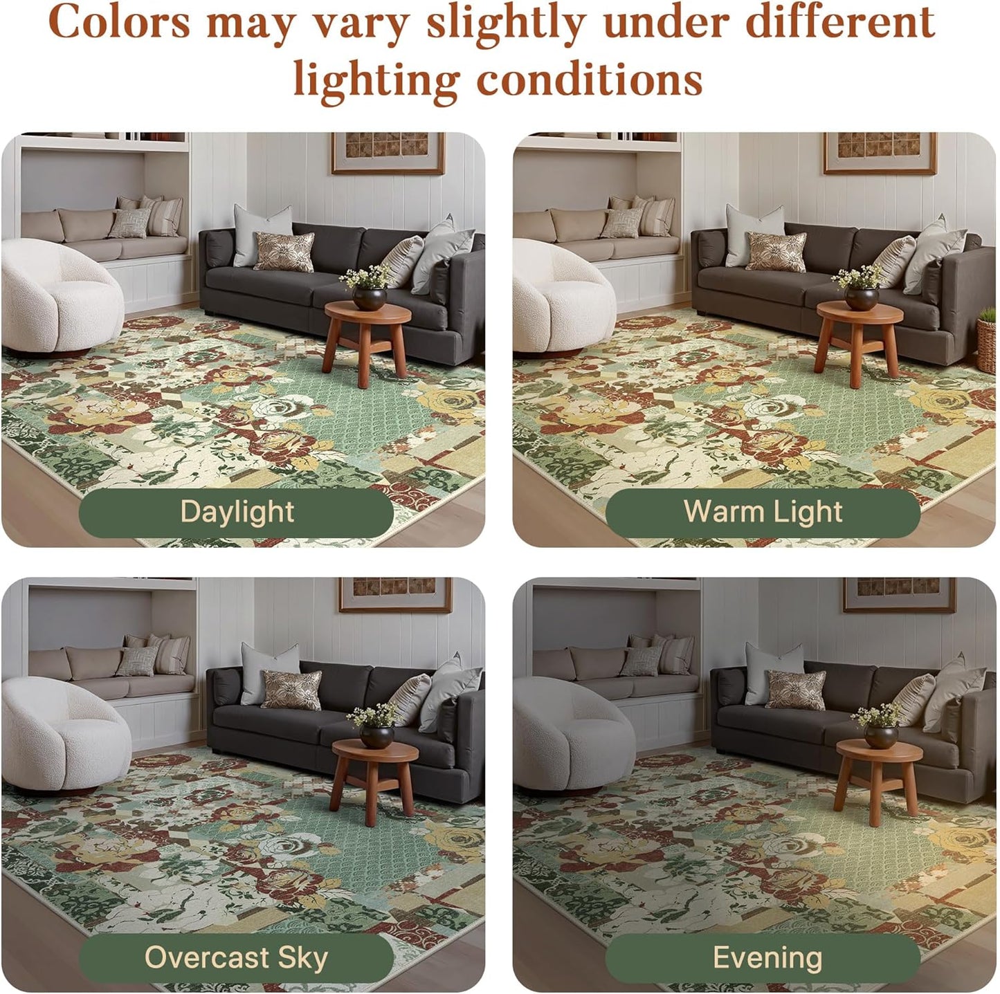 GENIMO 5X7 Floral Area Rugs for Living Room, Machine Washable Non Slip Vintage Patchwork Washable Rug, Ultra-Thin Low Pile Chenille Rugs for Bedroom, Dining Room, Celadon Green