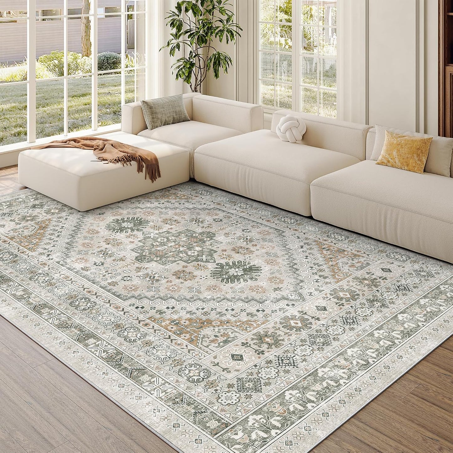 zesthome 5x7 Area Rugs - Ultra-Thin Washble Rug, Stain Resistant Anti Slip Backing Rugs for Living Room,Bedroom, Vintage Home Decor Area Rug (Brown/Grey,5'x7')