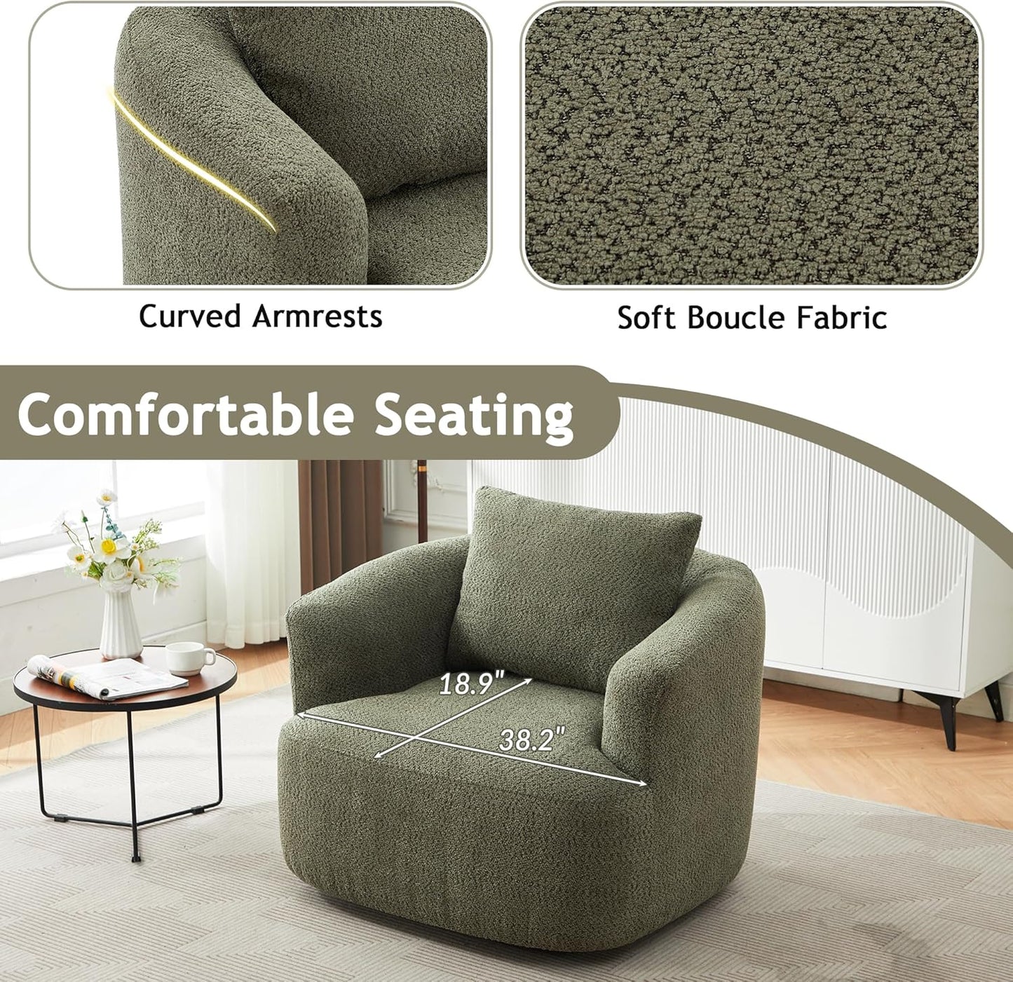 Merax Modern Cozy Chenille 360° Swivel Sofa Chair w/a Throw Pillow, 38.2" Upholstered Leisure Barrel Accent Armchair with Deep Seating for Living Room Bedroom,Office, Hotel, Easy Assemble, Green