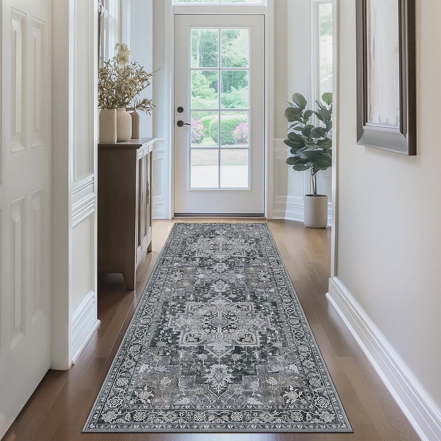 GENIMO 2x10 Runner Rugs for Hallway, Machine Washable Non Slip Vintage Rugs, Low Pile Lightweight Soft Print Rug for enrtyway, Corridor, Home Office, Kitchen,Dark Gray