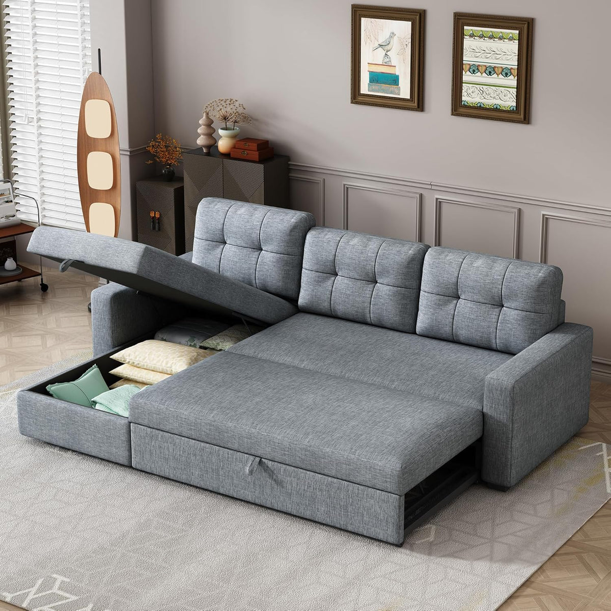 Ball & Cast L-Shape Reversible Sectional Sleeper Sofa Bed,Linen Upholstered 4 in 1 Pull Out Couch with Storage Chaise & Removable Back Cushions,Convertible Corner Sectionals for Living Room,Office