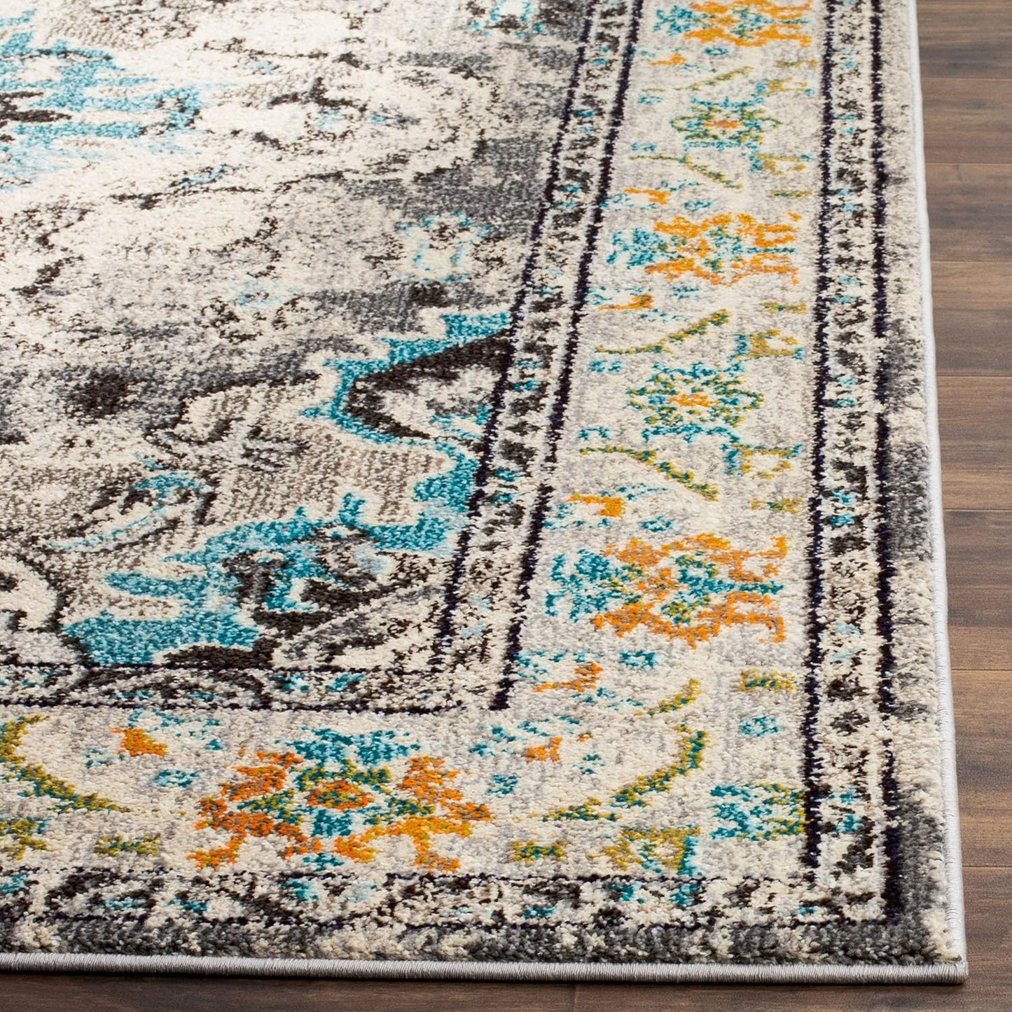 SAFAVIEH Monaco Collection Area Rug - 8'8" Square, Grey & Light Blue, Boho Chic Medallion Distressed Design, Non-Shedding & Easy Care, Ideal for High Traffic Areas in Living Room, Bedroom (MNC243G)