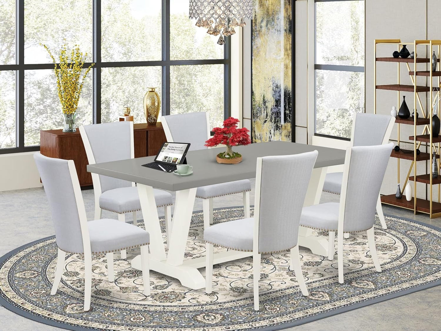 East West Furniture V097VE005-7 7 Piece Modern Dining Table Set Consist of a Rectangle Wooden Table with V-Legs and 6 Grey Linen Fabric Parson Dining Chairs, 40x72 Inch, Multi-Color