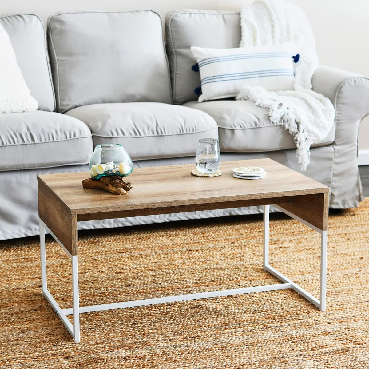 Household Essentials Wrap Rectangular Coffee Table Coastal Oak Rustic Wood Grain and White Metal