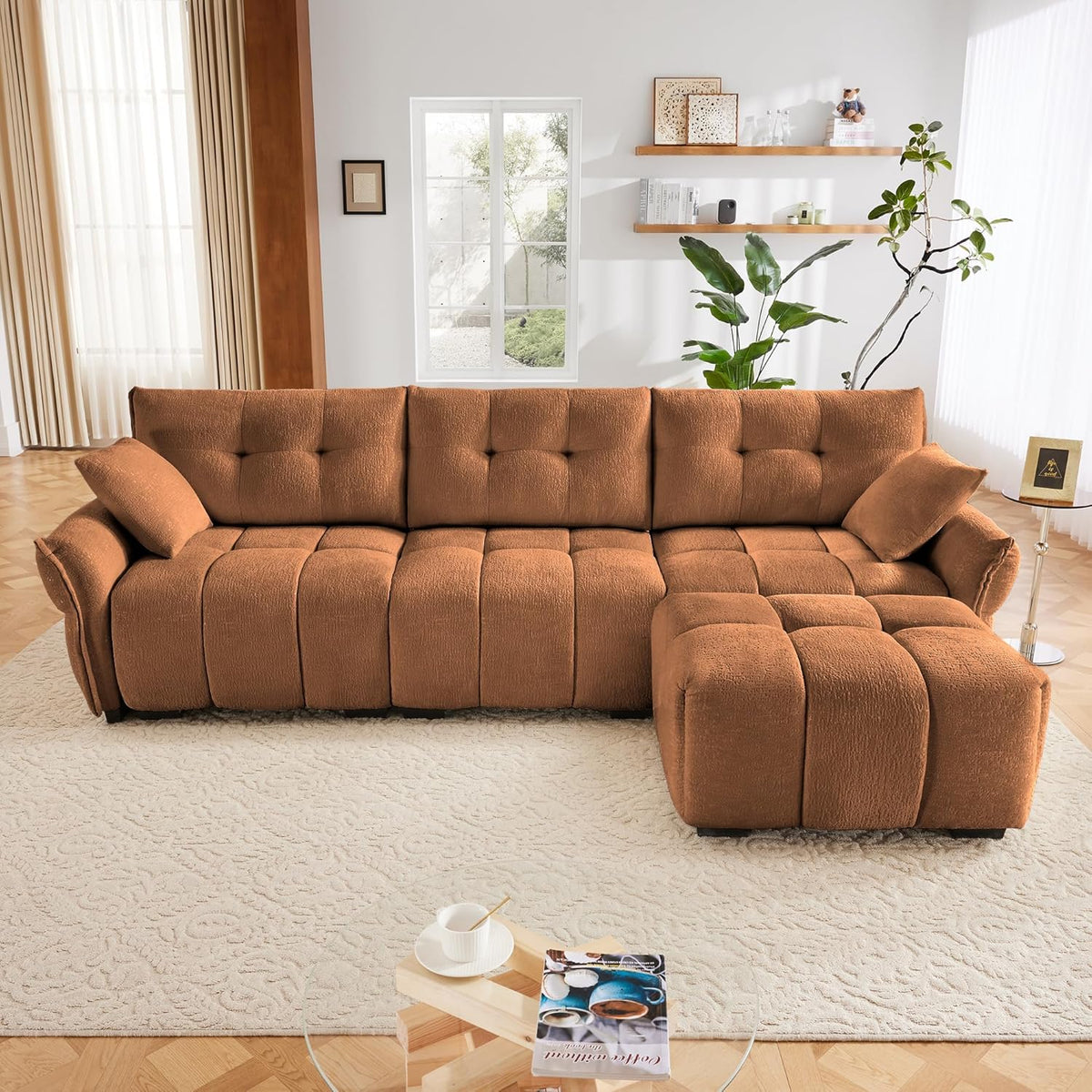 Modern Chenille Fabric 3-Seat Sofa w/Ottoman+2 Pillows, Premium Upholstery Living Room Couch with Tufted Backrest & Comfortable Armrests and High-Resilience Memory Foam Cushions,Orange