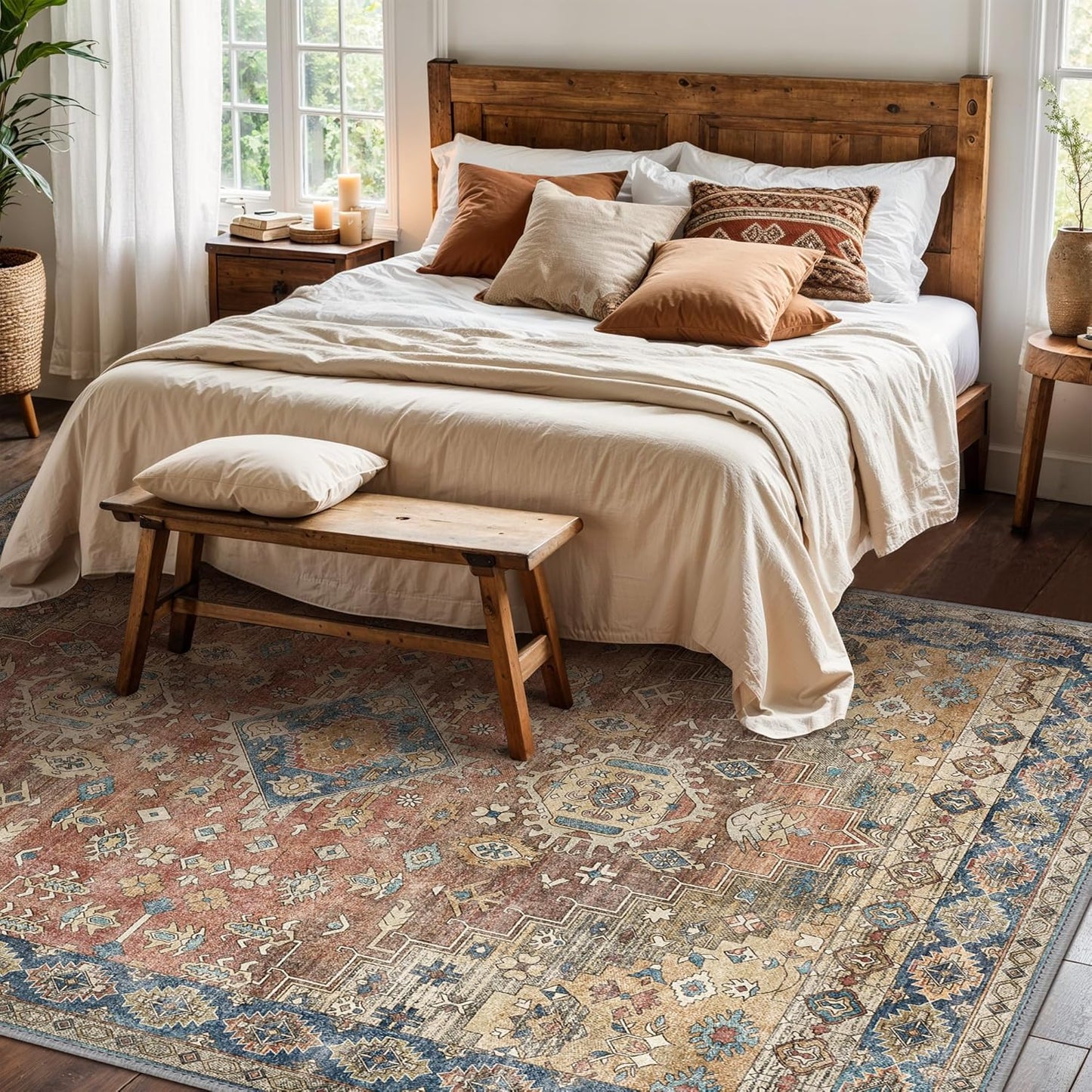 GENIMO 3x5 Area Rugs for Living Room, Machine Washable Non Slip Vintage Rugs, Low Pile Lightweight Chenille Print Rug for Bedroom, Dining Room, Home Office, Antique Red