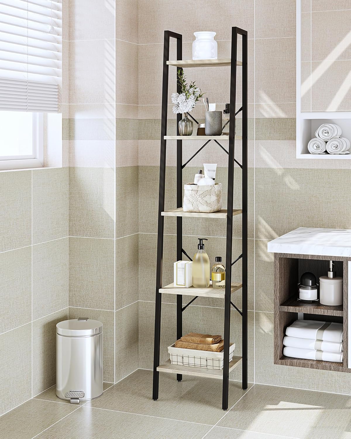 Ladder Shelf, Bookshelf Bookcase, Freestanding Corner Storage Shelve with 2 Hooks for Home Office, Living Room, Kitchen, Bedroom, Industrial, 5-Tier Greige BC03205B