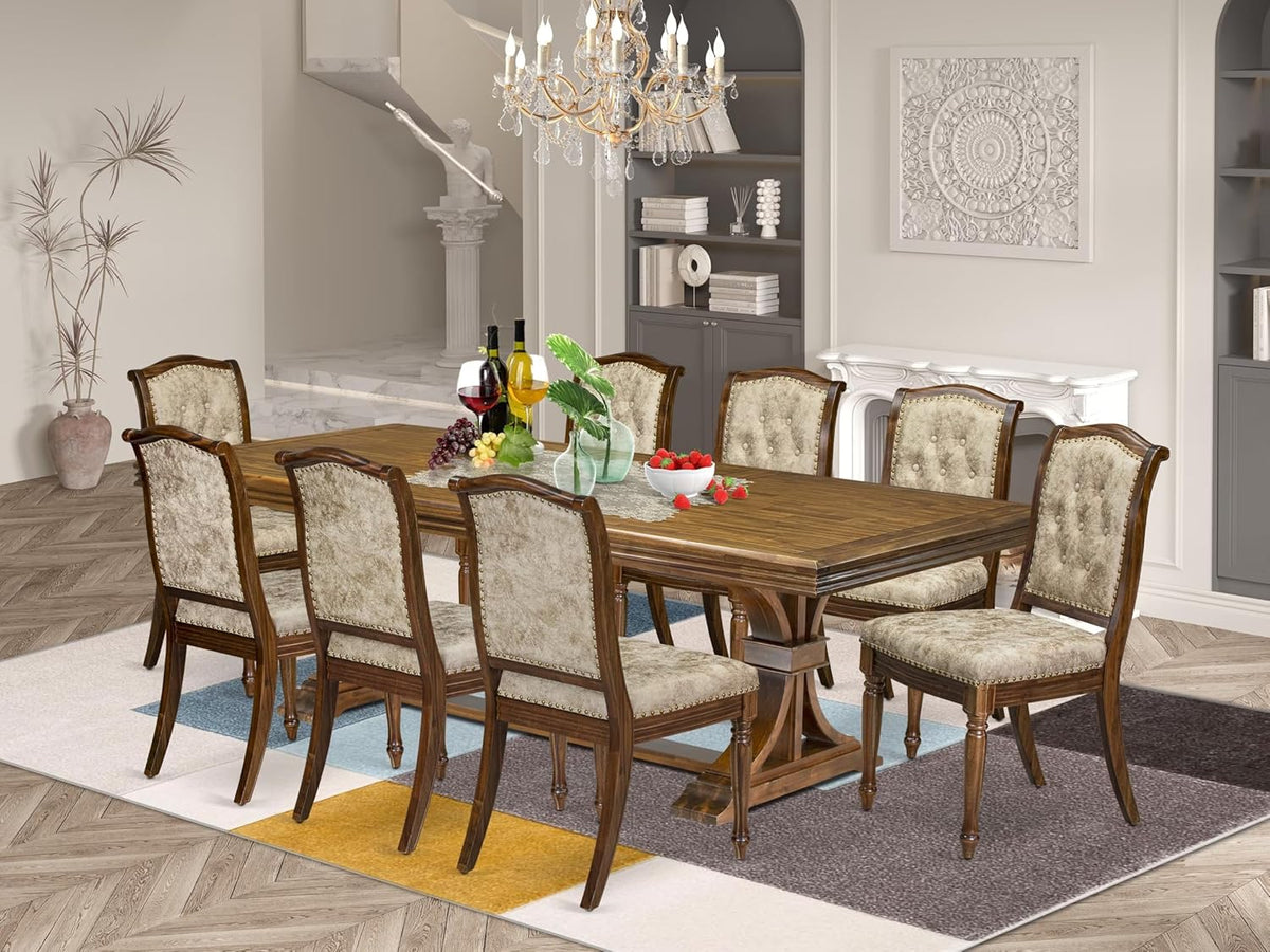 NEMA9-AWA-36 9-Piece Modern Dining Set Includes a Rectangular Modern Dining Table and 8 Light Beige Polyester Fabric Kitchen Chairs, 44x100 Inch, Antique Walnut