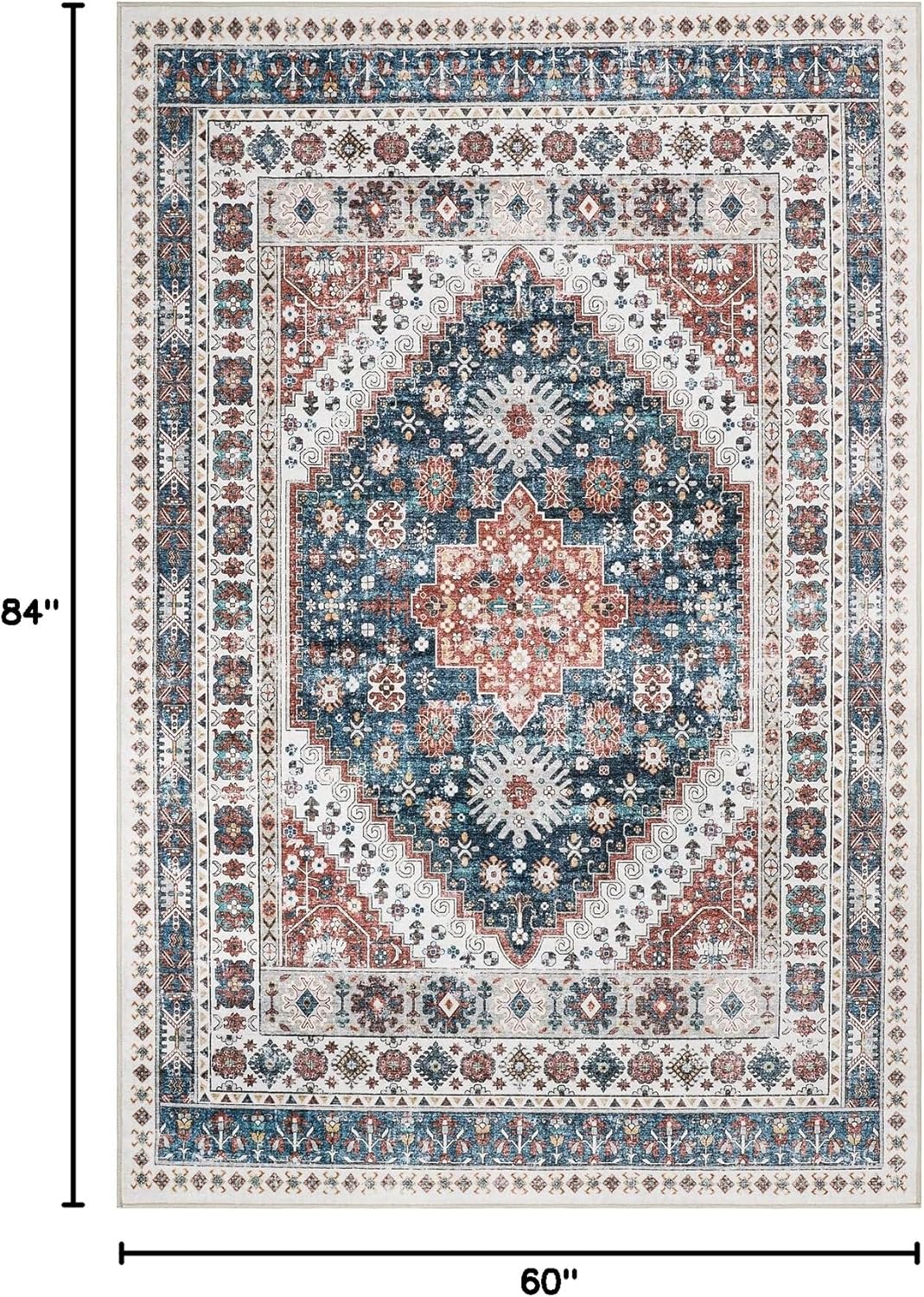 zesthome 5x7 Area Rugs - Ultra-Thin Washble Rug, Stain Resistant Anti Slip Backing Rugs for Living Room,Bedroom, Vintage Home Decor Area Rug (Navy Blue/Red,5'x7')