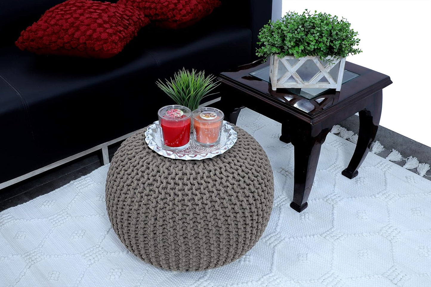 FRELISH DECOR Round Pouf Ottoman Hand Knitted 100% Cotton Pouf - Foot Stool - Knitted Bean Bag - Floor Chair for Living Room Bedroom - Foot Rest for Couch (20 Diameter x 14 Height) - Beige