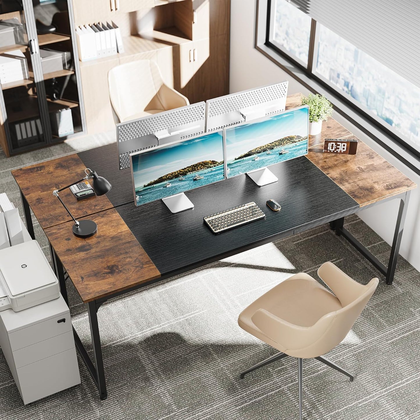 Huuger 78.7 Inch Office Computer Desk with Storage, Writing Work Desk for Home Office, Study, Gaming, Long Simple Desk, Large Legroom, Metal Frame, Rustic Brown and Black