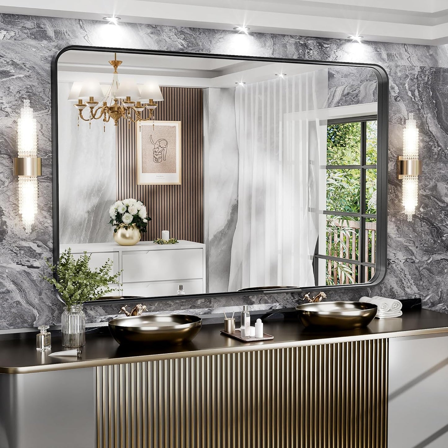 Hasipu Black Bathroom Mirror 59x39 Inch Rounded Rectangle Vanity Mirror Metal Framed Wall Mirrors Anti-Rust Surface Mount (Horizontal/Vertical)