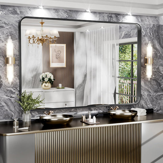 Hasipu Black Bathroom Mirror 59x39 Inch Rounded Rectangle Vanity Mirror Metal Framed Wall Mirrors Anti-Rust Surface Mount (Horizontal/Vertical)