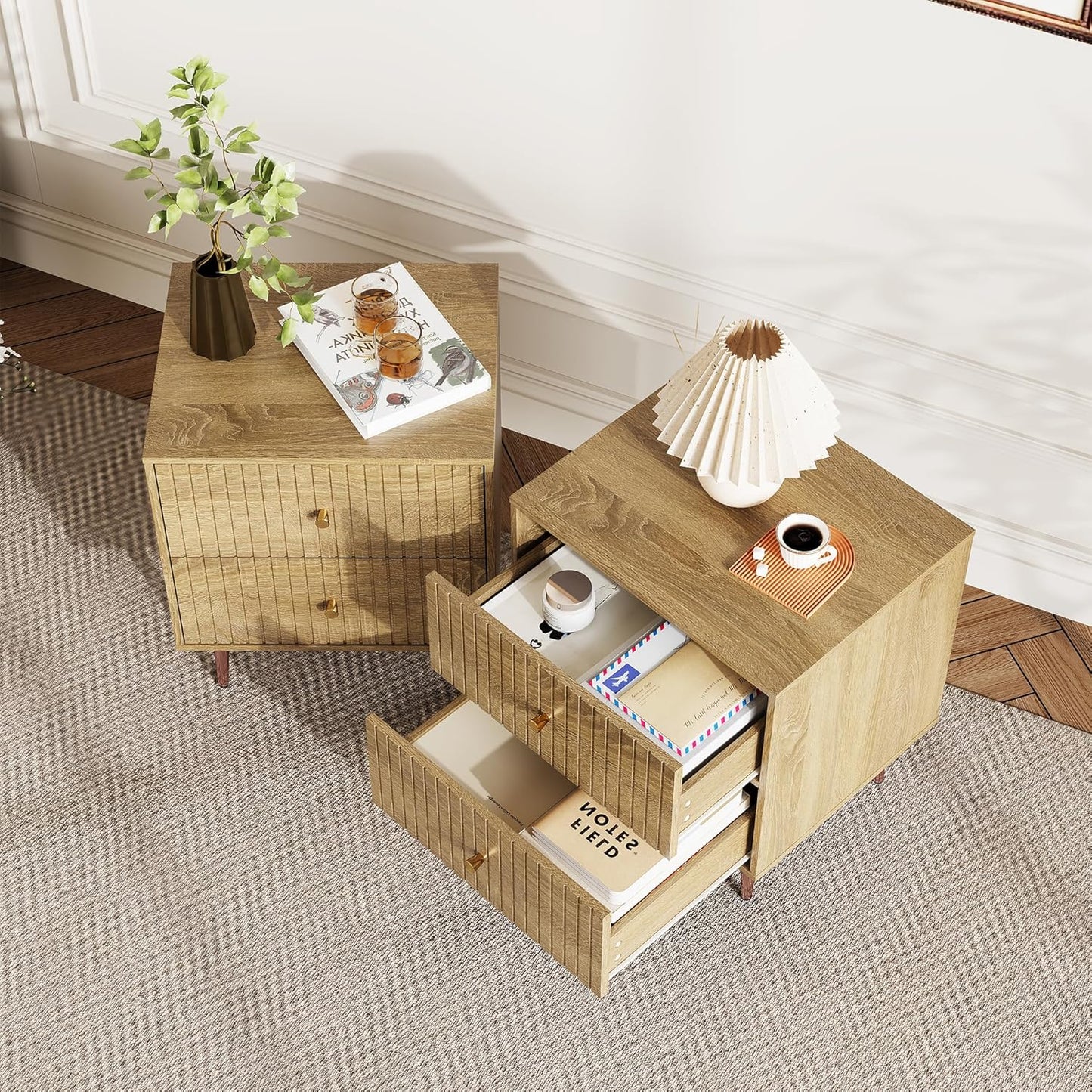 Wood Night Stand Set 2,Modern Bedside Table with Door and Open Storage Space,Fluted Nightstand and Wood End Side Table with Rose Gold Metal Legs and Handles for Bedroom,Living Room,Natural
