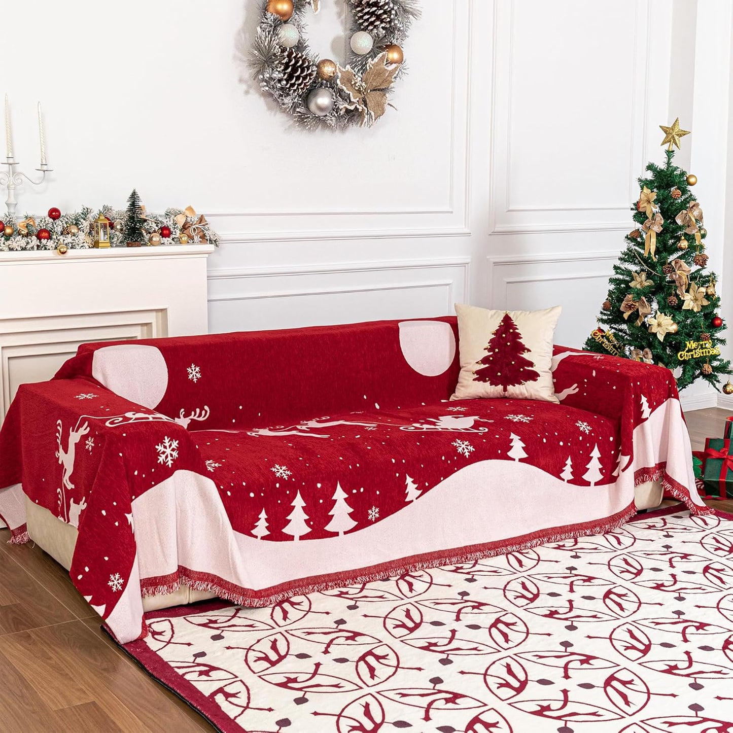MYSKY HOME Christmas Couch Cover, Washable Pet Couch Covers for Sofa, Sectional Couch Covers L Shape Throw Sofa Slipcover, Soft Washable Sofa Covers for 2 Cushion, 71"x118", Red