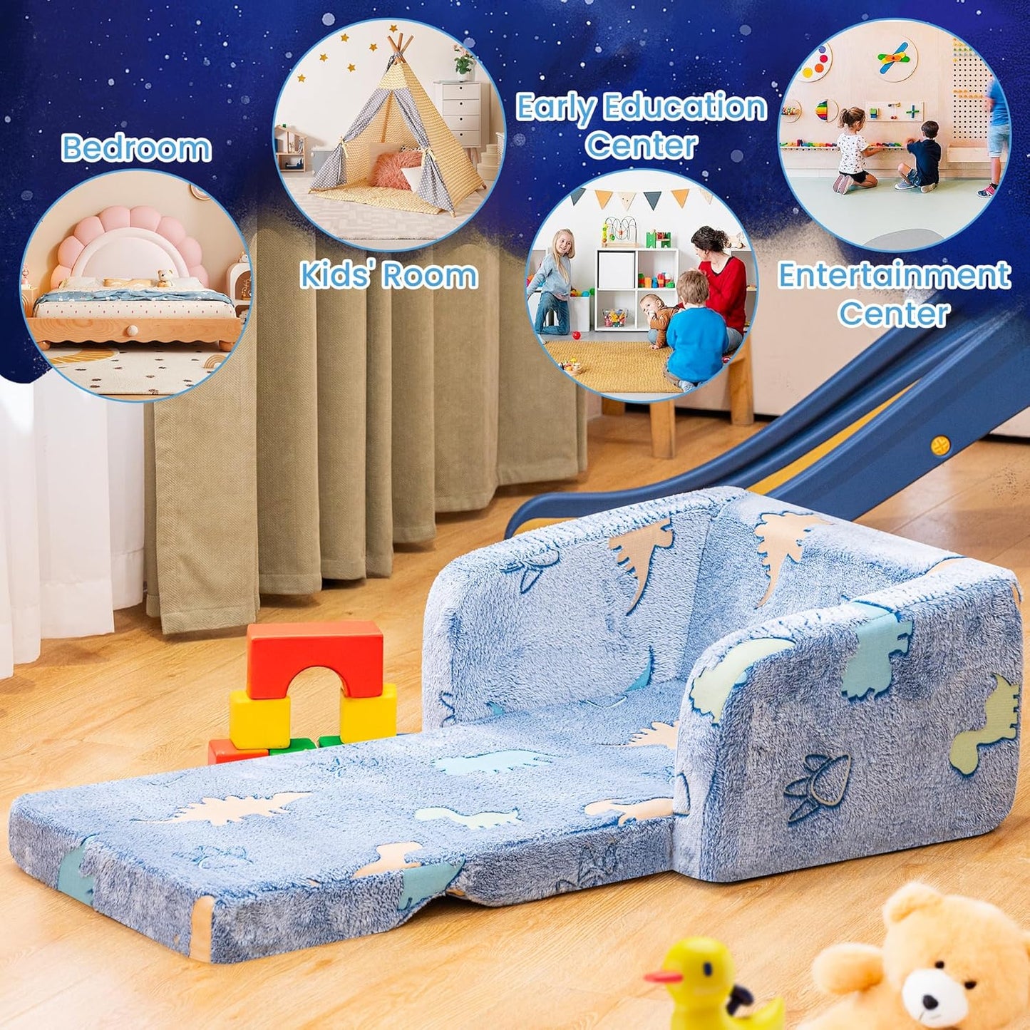 Lamerge 2-in-1 Soft Toddler Couch Fold Out,Foldable Toddler Chair, Glow in The Dark Kids Sofa for playroom,Convertible Foam and Floor Cushion for Boys and Girls (Blue and Dinosaur)