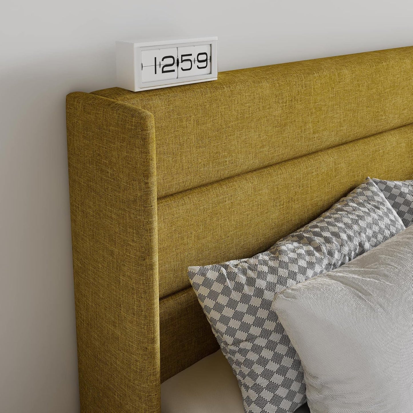 SHA CERLIN King Size Lift Up Storage Bed/Modern Wingback Headboard/Upholstered Platform Bed Frame/Hydraulic Storage/No Box Spring Needed/Wood Slats Support/Olive Yellow